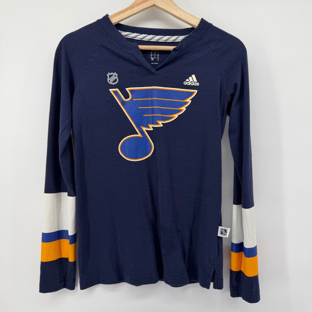 Adidas Long Sleeve Shirt Womens S Navy St. Louis Blues NHL Raglan Striped Cuffs‎